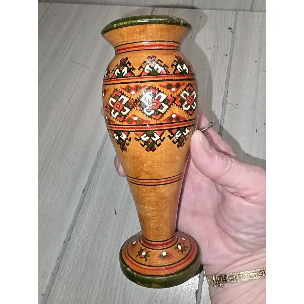 Vintage Unique Ukrainian Handmade, Hand Painted Vase From Natural Hardwood